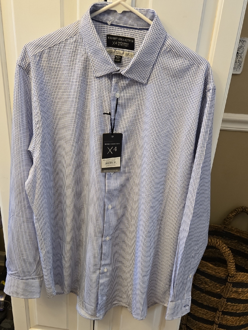 Report Collection 4 Way Stretch Royal Blue Microcheck Dress Shirt Long Sleeve XL